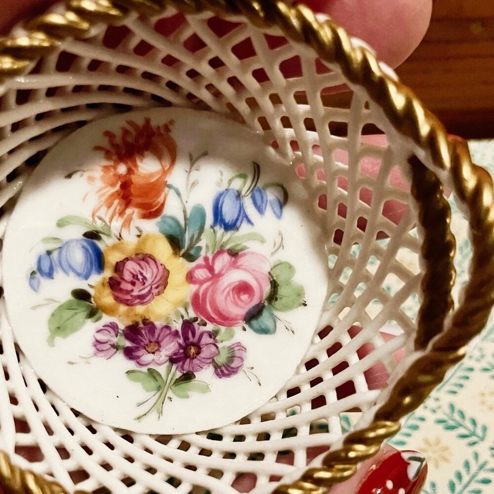 Dresden Mini Porcelain Basket, Reticulated • Floral • Gold Trim • Made in Saxony - Picture 5 of 6
